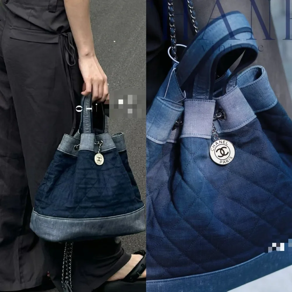 RARE！Chanel 2014 denim 2 tone medallion charm back pack bag/tote bag
